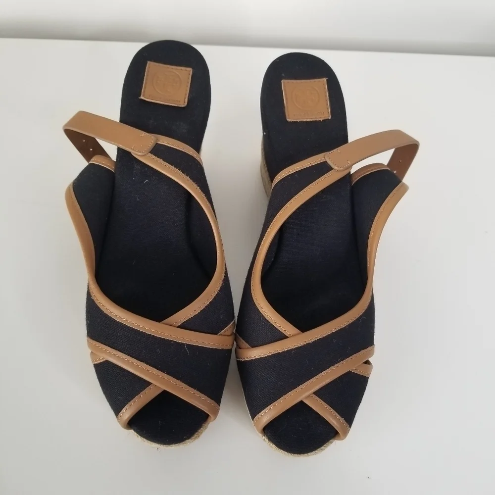 Tory Burch Majorca Peep Toe Sling Back Espadrille Wedges Size 9.5 Black/Tan